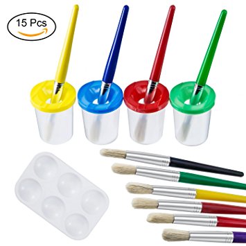 Kabi 4 Spill Proof Paint Cups with 10 Brushes and 1 Plastic Painting Tray ,Assorted Color Children Paint Brushes