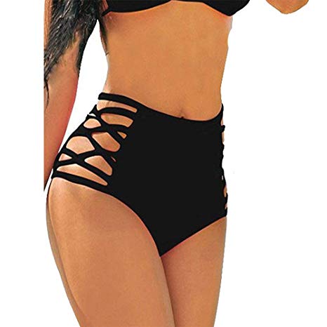 CROSS1946 Sexy Women's Bikini Retro High Waisted Strappy Brief Bottom Solid Tankini Swimsuit