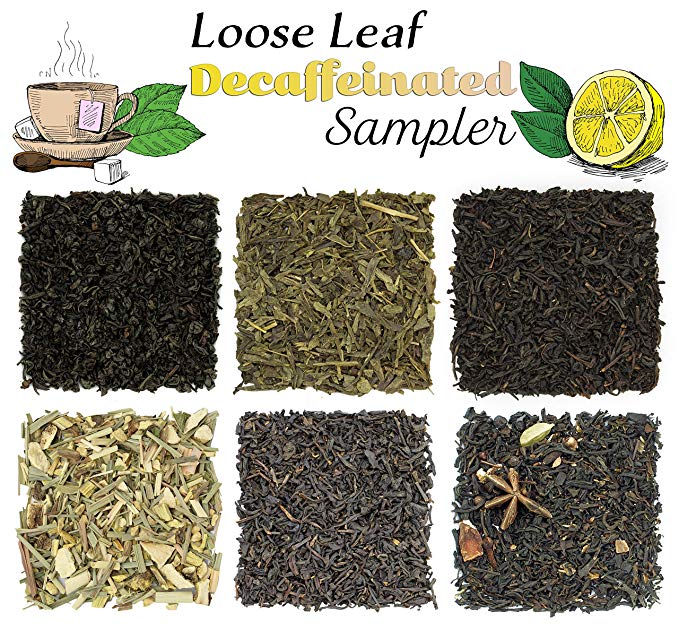 Solstice Loose Leaf Decaffeinated Tea Sampler: Six Flavors: Ceylon, Chai, Earl Grey, & Vanilla Black Teas, Ginger Lemon Herbal Tea, Sencha Green Tea. Decaf. Approximately 90  Servings.