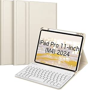 Fintie Keyboard Case for iPad Pro 11-inch M4 (2024) - Protective Soft TPU Back Stand Cover with Pencil Holder, Magnetically Detachable Wireless Bluetooth Keyboard, Starlight