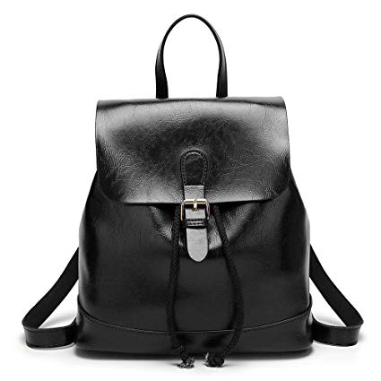 HaloVa Women's Backpack, Vintage Schoolbag, Girl's Travel Daypack, Trendy PU Leather Shoulders Bag, Anti-Theft Pocket and Drawstring Design, Black
