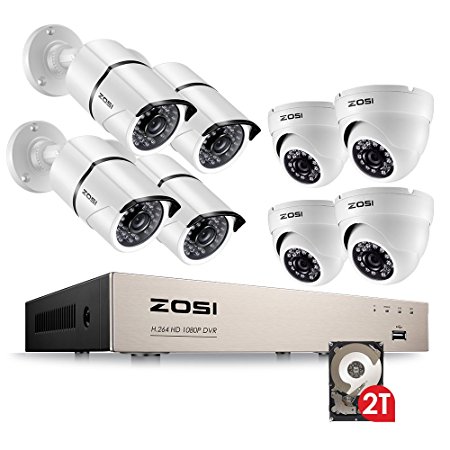 ZOSI FULL 1080p HD 8-Channel Video Security System DVR with 8pcs Indoor/Outdoor 2.0MP 1080p Bullet/Dome Cameras with Weatherproof Housing 100ft(30m) IR night vision 2TB Hard Drive