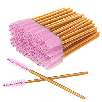 AKStore 100 PCS Disposable Eyelash Brushes Mascara Wands Eye Lash Eyebrow Applicator Cosmetic Makeup Brush Tool Kits (Gold-Pink)