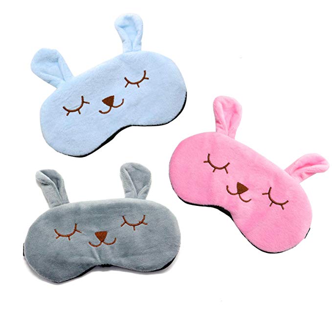 AQUEENLY Cute Eye Mask for Sleeping Soft Fluff Kids Sleep Mask with Adjustable Elastic Band, Fit Women, 3 PCS, Pink & Blue & Grey