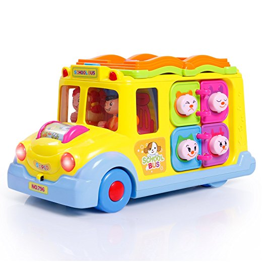 SGILE Activity Musical School Bus Xmas Gift Toy with Omni-directional Auto-Sensing Wheel, Multiple Games Light and Various Animal Sounds