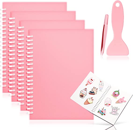 4 Pieces Sticker Collecting Book Album Reusable Sticker Book with a Plastic Spatula and Tweezer 120 Sheets Quality PP Material Thick Brushed A5 Size 8.4" x 6" (Pink)