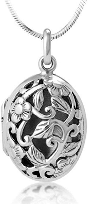 Chuvora 925 Sterling Silver Open Filigree Floral Design Oval Shaped Locket Pendant Necklace, 18 inches