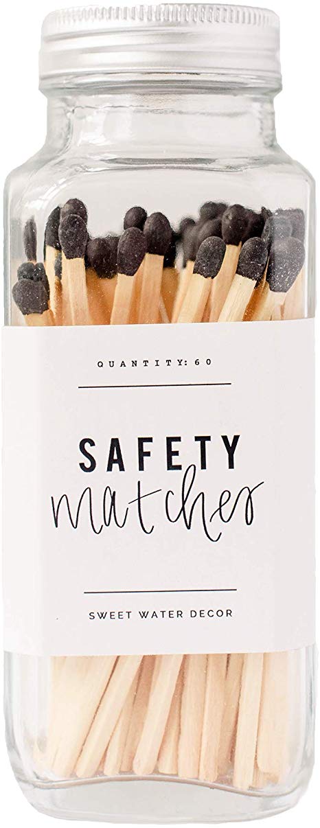 Sweet Water Decor Black Safety Matches - Glass Jar | 60 Strike On Bottle Matches Vintage Matches Home Decor Candle Accessory Black Tip