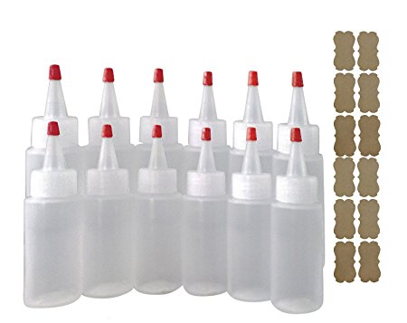 SanDaveVA Brand 12 2oz Squeeze LDPE Bottles w/ Yorker Caps includes Kraft Labels Cake Decorating Condiment Paint Glue Versatile Highly Squeezable Arthritic Hand Friendly