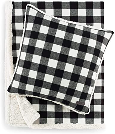 Eddie Bauer Home | Flannel Collection | Throw Blanket-Reversible Sherpa Fleece Cover, Soft & Cozy, Perfect for Bed or Couch, Throw & Pillow, Cabin Black Bundle
