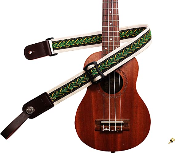 MUSIC FIRST Original Design Vintage Green Label Soft Meshbelt & Genuine Leather Ukulele Strap Ukulele Shoulder Strap With a Genuine Leather Strap Locker