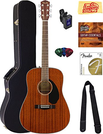 Fender CD-60S Dreadnought Acoustic Guitar - All Mahogany Bundle with Hard Case, Tuner, Strap, Strings, Picks, Instructional DVD, Polishing Cloth