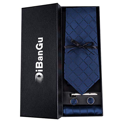 DiBanGu Plaid Tie Men's Silk Tie and Pocket Square Cufflinks Tie Clip Set Wedding Business