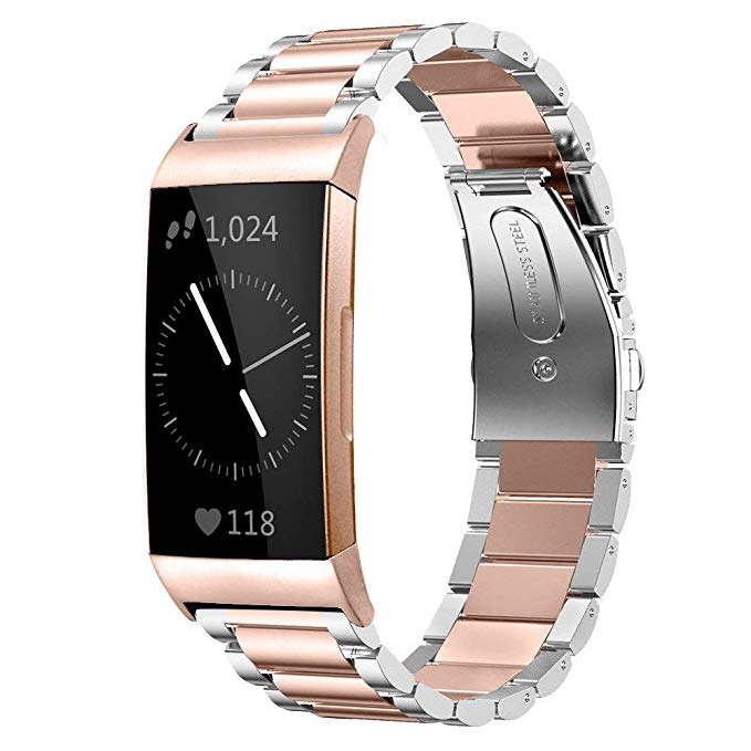 Shangpule Compatible for Fitbit Charge 3 & Charge3 SE Bands, Stainless Steel Metal Replacement Strap Bracelet Wrist Band Accessories for Charge 3 Smart Watch Women Man Large Small (Silver   Rose Gold)