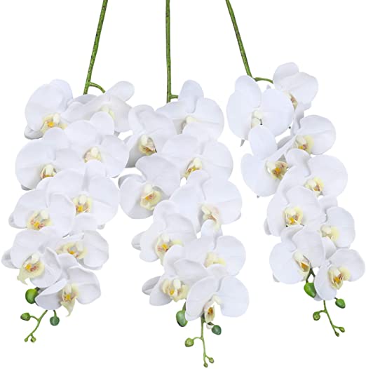 SHACOS Artificial Orchid Stems Set of 3 PU Real Touch White Orchid 37 inch Tall 9 Big Blooms Fake Phalaenopsis Flower Home Wedding Decoration (3 PCS, White)