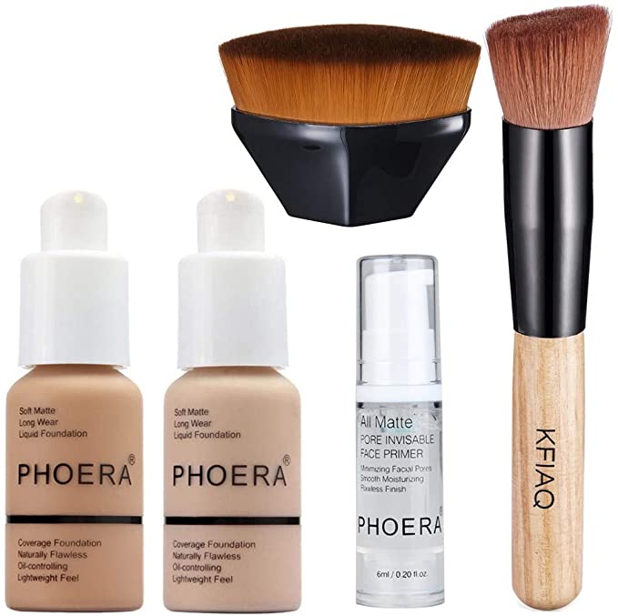 PHOERA 30ml Foundation Liquid Full Coverage 24HR Matte Oil Control Concealer (Nude & Buff Beige) with Makeup Face Primer & Wooden Handle Foundation Brush & Petal-Shaped Cosmetics Brush