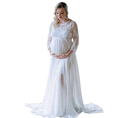 Women's Long Sleeve V Neck White Lace Chiffon Floral Maternity Gown Maxi Photography Dress