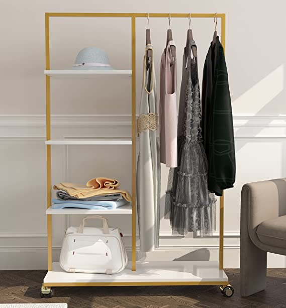 Modern Garment Rack on Wheels Gold Clothing Rack with 4- Tier Shelves Clothes Display Racks for Bedroom, Boutique, Cloth Store Metal Pipe Hanging Rack-39.4”L