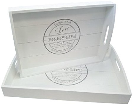 Blu Monaco Wood Serving Tray - Ottoman Tray - 2 Piece Set - with Carrying Handles – Country Rustic White Washed– SpruceBay – Organization with Style – Shabby Country Chic Design for the Home