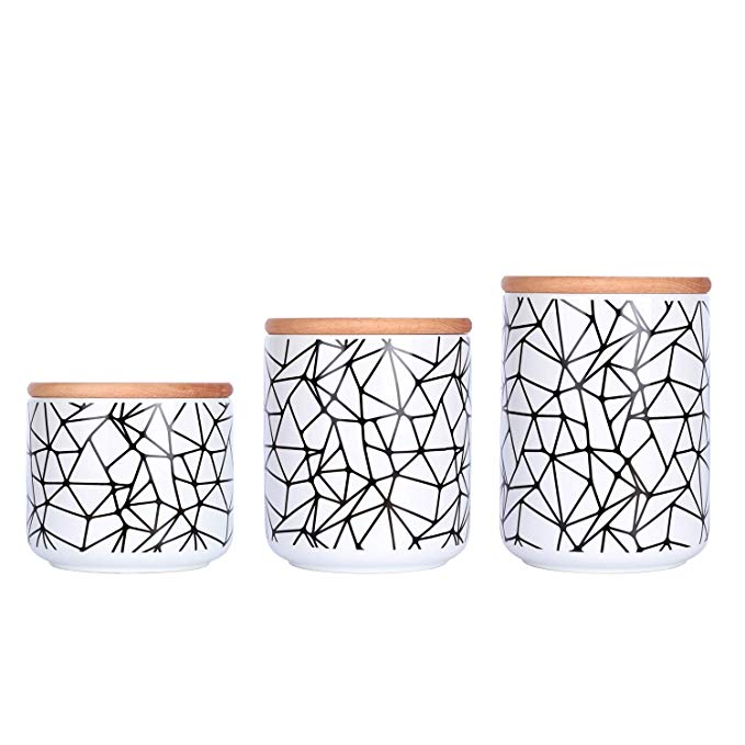 Printed Ceramic Canister Jar Container For Food Storage with Wood (Beech) Lid, Kitchen Canister, Sugar Jar, Coffee and Tea Jar, Flower Nuts Container Jars, 3 piece set (17floz, 22floz, 25floz).