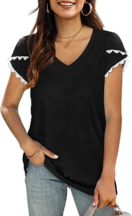 Sieanear Womens Summer Tops V Neck Petal Sleeve Tshirts with Lace Casual