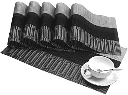 SHACOS Woven Vinyl Placemats for Dining Table Set of 6 Heat Resistant PVC Bamboo Style Kitchen Table Mats (6, Ombre Black Gray)