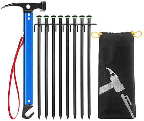 Sahara Sailor Tent Stakes, 8pcs 10in Heavy Duty Iron Tent Stakes(0.35lbs), Super Light Tent Mallet Hammer(0.84lbs), Unbreakable and Inflexible Tent Pegs for Camping, Hiking, Backpacking, Gardening