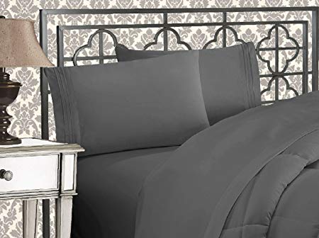 Elegant Comfort Luxurious & Softest 1500 Thread Count Egyptian Three Line Embroidered Softest Premium Hotel Quality 4-Piece Bed Sheet Set, Wrinkle and Fade Resistant, King, Gray