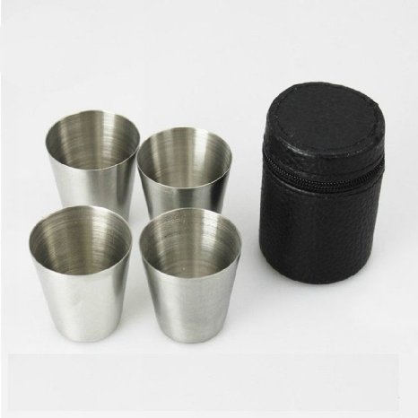 Yueton Set of 4 Stainless Steel Shot Cups Drinking Vessel with Black Leather Carrying Case 30ml