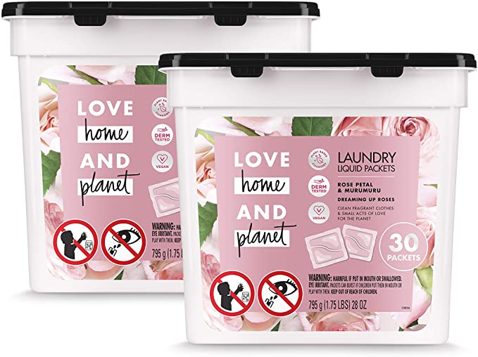 Love Home and Planet Laundry Detergent Packets, Rose Petal & Murumuru, 30 Count, Pack of 2