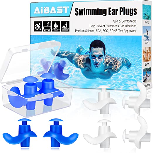 Swimming Ear Plugs, 2021 Upgraded AiBast Professional Waterproof Reusable Silicone Earplugs for Swimming Showering Bathing Surfing and Snorkeling with ​Boxes, Suitable for Kids and Adult (4 Pairs）