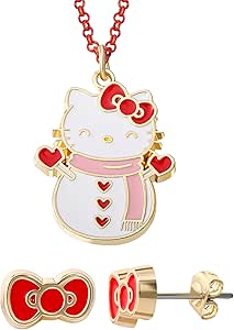 Hello Kitty Sanrio Snowman Necklace   Earrings Official License, 16" 3" Necklace and Bow Stud Earrings