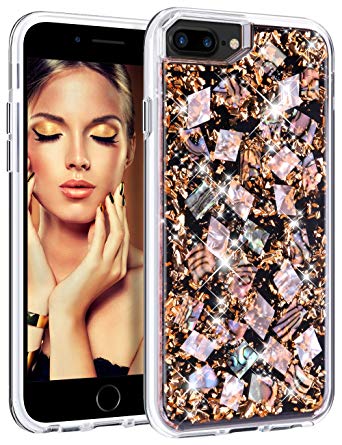 HoneyAKE iPhone 7 Plus Case/iPhone 8 Plus Case Handmade Genuine Shells Glitter Bling Shock Absorbing Hybrid Protective Phone Case for iPhone 6 Plus/6s Plus/7 Plus/8 Plus(Rose Gold)