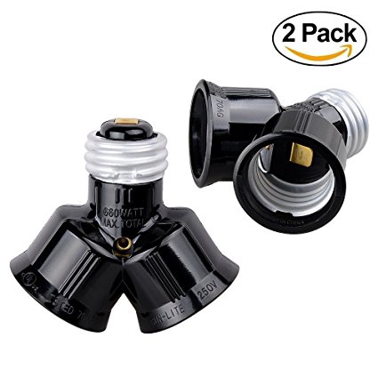 Onite 2 PCS E26 to Dual E26 US Standard Screw Light Holder Adapter, Black