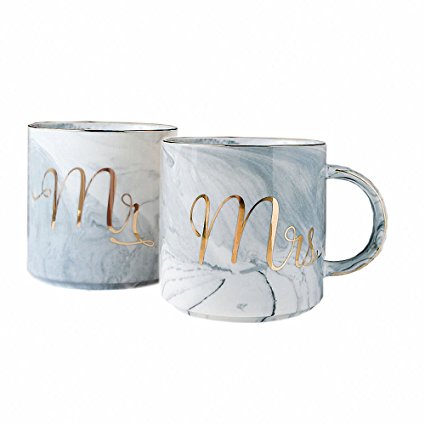 Vilight Mr Mrs Ceramic Coffee Mugs Gift Set of 2 Prime - Gold & Marble Cups for Wedding Engagement and Couples Anniversary - 11.5 oz