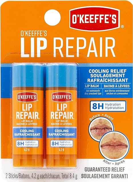 O'Keeffe's Cooling Relief Lip Repair Lip Balm for Dry Cracked Lips, Instant Cooling Relief, Seven Moisturizing Ingredients, Sticks, (Pack of 2), K1710402