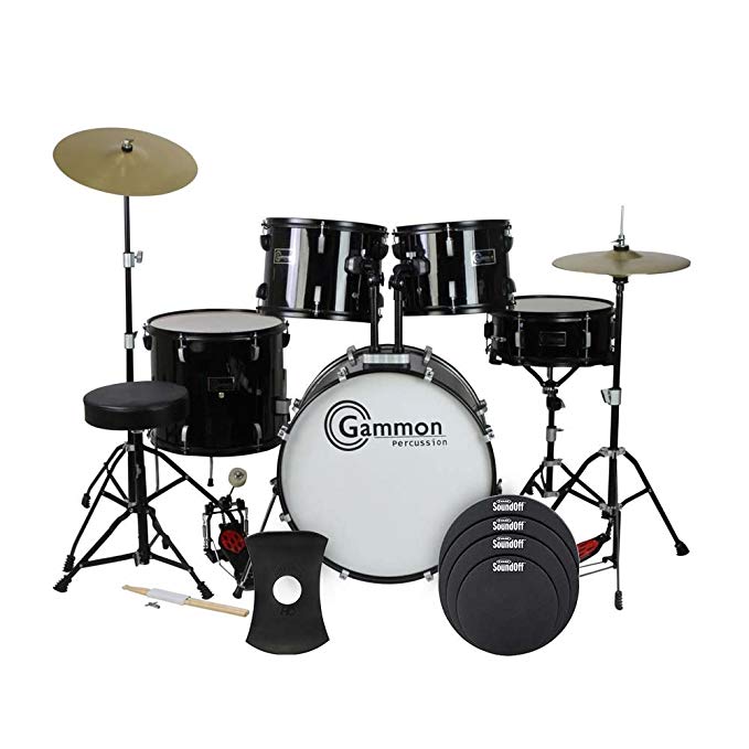 Gammon Full Size Adult 5 Piece Drum Set with Cymbals, Black and SoundOff by Evans Drum Mute Pak, Standard SoundOff by Evans Hi-Hat Mute, 14 Inch