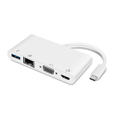 TNP USB Type C (USB-C) to HDMI 4K VGA Gigabit Ethernet USB 3.0 Hub Multiport Adapter Travel Dock Video Audio Converter Combo Connector External Graphics Adapter Dongle Card Cable Plug Wire Cord