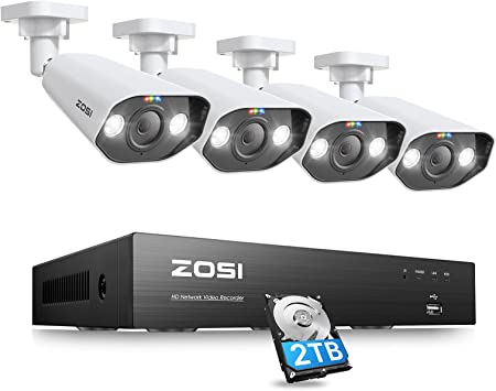 ZOSI 4K Spotlight PoE Security Camera System,8CH 8MP NVR with 2TB HDD,4pcs 4K Outdoor Indoor PoE IP Cameras with Two-Way Audio and Siren,Color Night Vision,AI Human Detection,for Home 24-7 Recording