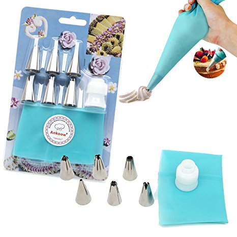 8-Piece Cake Decorating Tools Set Includes 6 Size Nozzles Tips 1 Reusable Silicone Icing Piping Bag 1 Coupling Coupler (Blue)