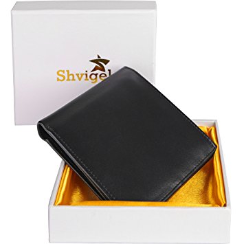 RFID Blocking Bifold Men's Wallet - Black Luxury Genuine Leather - Slim Wallet for Men - With ID Window and Gift Box (Black)