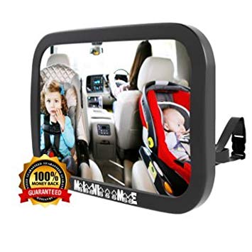Baby Car Mirror for Back Seat | Rear Facing Car Seat | See Children And Pets | X Large | CRASH TESTED | Wide Angle View Of Whole Backseat | Shatterproof Acrylic Safety Double-Strap Mirror