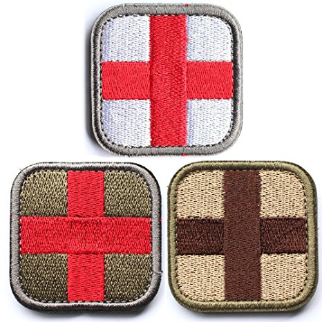 Bundle 3 Pieces - Medic Cross Tactical Patch With Backing Multi-tan Red White Green Decorative Embroidered Appliques 2" High By 2" Wide