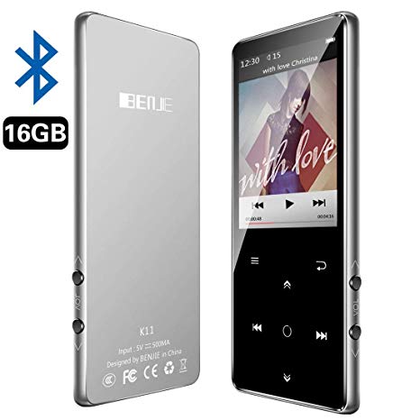 BENGJIE MP3 Player with Bluetooth, 16GB Mp3 Player with FM Radio with Headphones,HiFi Metal Audio Player with Voice Recorder,Touch Button Music Player, Expandable 128GB TF Card,2.4 Inch,Sliver