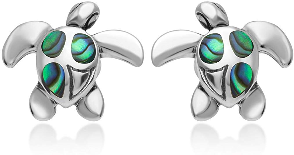 925 Sterling Silver Beautiful Inlay Sea Turtle Post Stud Earrings 12 mm Women Jewelry