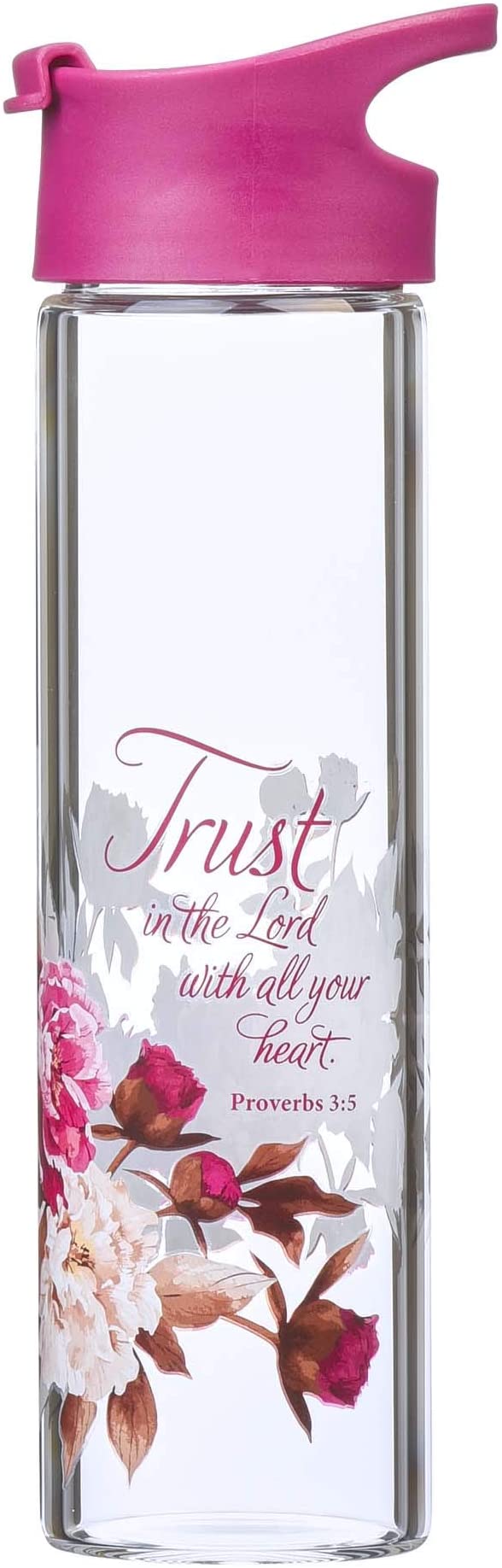 Christian Art Gifts Glass Water Bottle Trust In The Lord Proverbs 3:5 Pink Floral, 20oz, Pink