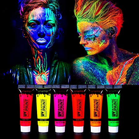 Unomor Halloween Makeup UV Blacklight Face Painting, Glow Neon Fluorescent Body Paint for Halloween Party Custume (6Pack x 0.62oz)
