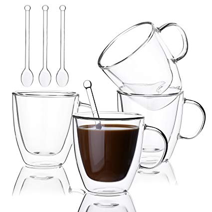 Insulated Coffee Cups Set Double Walled Glasses Coffee Mugs or Tea Cups for Espresso, Latte, Cappuccino - Set of 4 Cups and 4 Spoons, 5.4 Ounce / 160ml - Promotion price