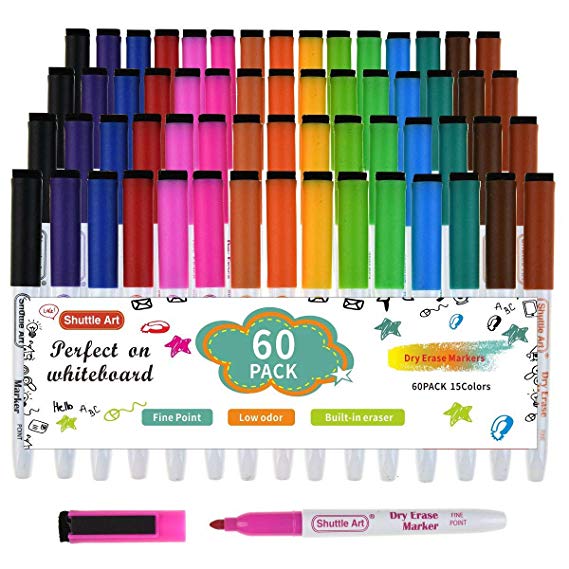 Dry Erase Markers,60 Pack Shuttle Art 15 Colors Magnetic Whiteboard Markers with Erase,Fine Point Dry Erase Markers Perfect For Writing on Whiteboards, Dry-Erase Boards,Mirrors for School Office Home