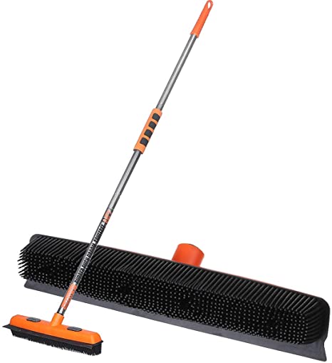 MATCC Rubber Push Broom Pet Hair Remover Brush Broom 3in1 Carpet Rake Broom Soft Rubber Bristles Sweeper Broom with Squeegee Edge & Clip Cloth Brush Head Cleaning Supplies Broom for Household Cleaning